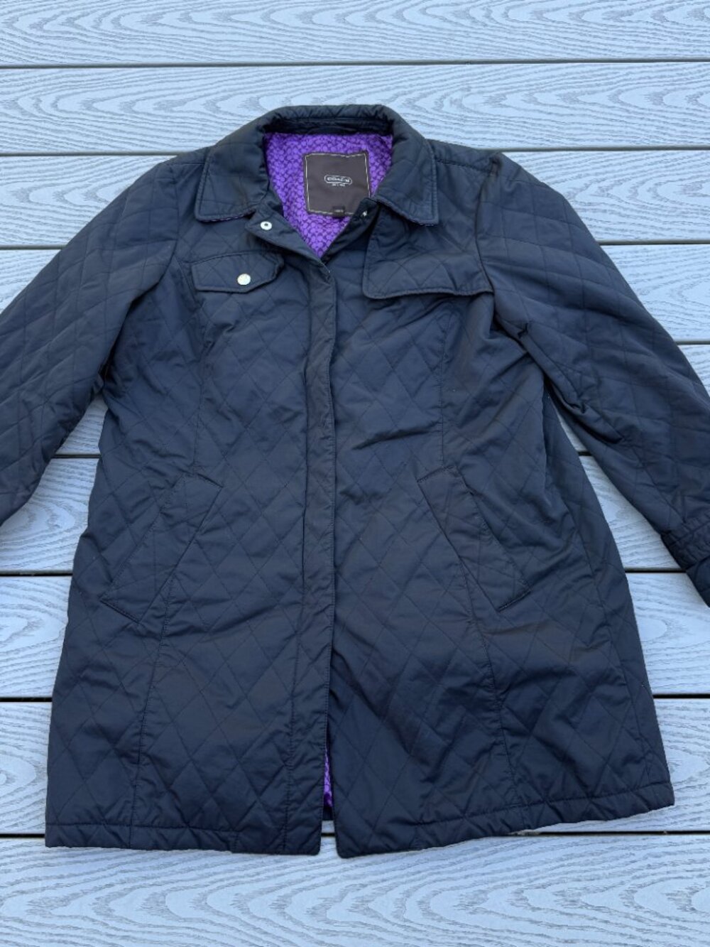 Coach Womens Trench Coat Black XL Button Front Purple Lining